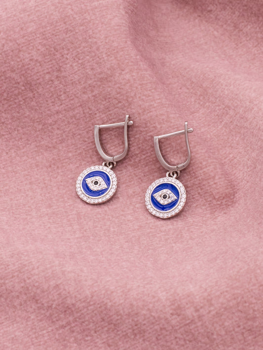 Siyajewelly Blue Evil Eye Crystal Drop Earrings – Silver Tone Lucky Charm Earrings for Women