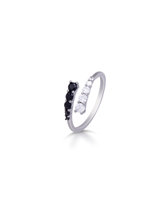 Siyajewelly Black & White Crystal Open Ring – Elegant Silver Tone Adjustable Statement Ring for Women