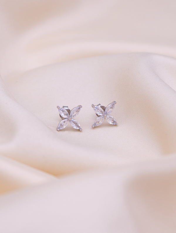 Siyajewelly Sparkling Four Petal Crystal Flower Stud Earrings – Silver Tone Elegant Earrings for Women