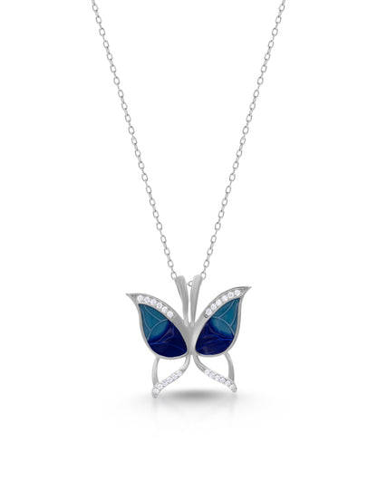 Siyajewelly Blue Butterfly Crystal Pendant Necklace – Silver Tone Elegant Necklace for Women