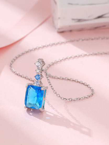 Siyajewelly Royal Blue Square Crystal Pendant Necklace – Silver Tone Elegant Necklace for Women