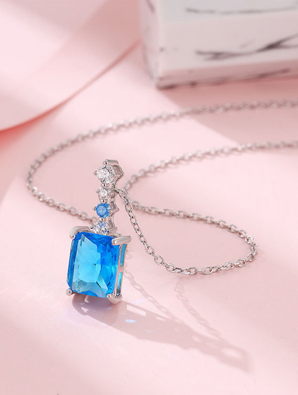 Siyajewelly Royal Blue Square Crystal Pendant Necklace – Silver Tone Elegant Necklace for Women