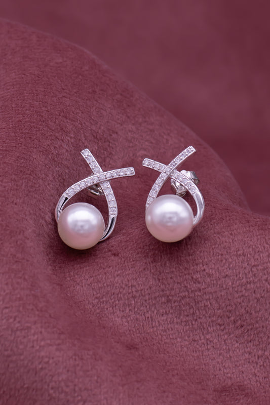 Siyajewelly Elegant Pearl & Crystal Twist Drop Earrings – Silver Tone Statement Earrings for Women