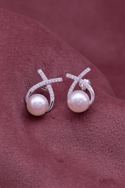 Siyajewelly Elegant Pearl & Crystal Twist Drop Earrings – Silver Tone Statement Earrings for Women