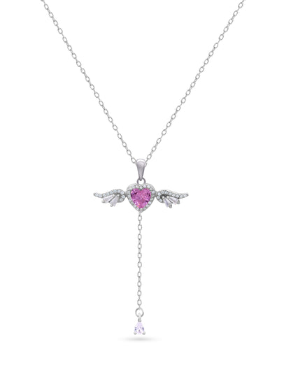 Siyajewelly Pink Heart Crystal Angel Wings Drop Necklace – Silver Tone Pendant Necklace for Women
