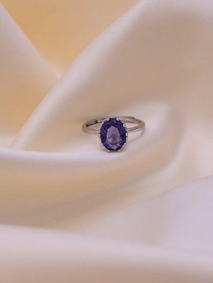 Siyajewelly Elegant Purple Oval Crystal Solitaire Ring – Silver Tone Statement Ring for Women