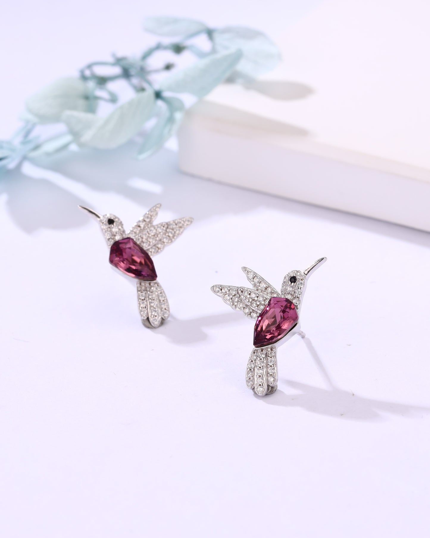 Siyajewelly Pink Crystal Hummingbird Stud Earrings – Silver Tone Sparkling Bird Earrings for Women