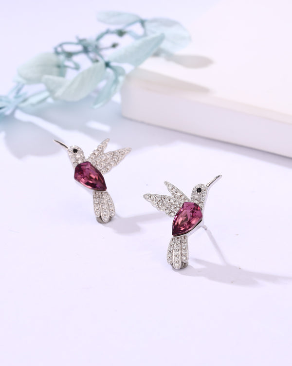 Siyajewelly Pink Crystal Hummingbird Stud Earrings – Silver Tone Sparkling Bird Earrings for Women