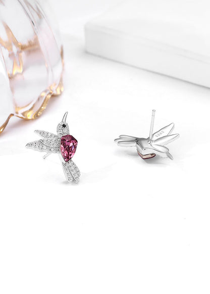 Siyajewelly Pink Crystal Hummingbird Stud Earrings – Silver Tone Sparkling Bird Earrings for Women