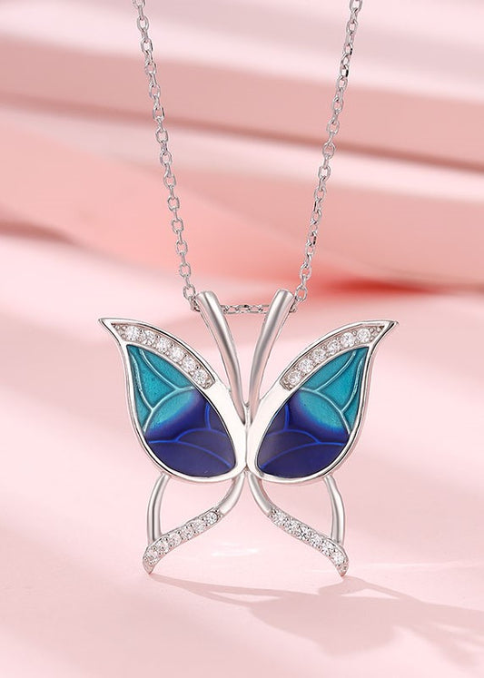 Siyajewelly Blue Butterfly Crystal Pendant Necklace – Silver Tone Elegant Necklace for Women