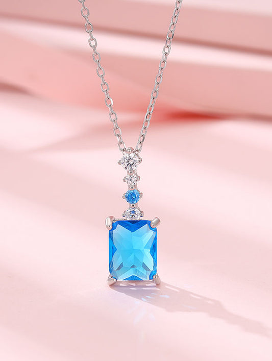 Siyajewelly Royal Blue Square Crystal Pendant Necklace – Silver Tone Elegant Necklace for Women