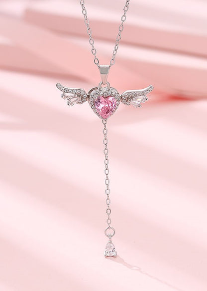 Siyajewelly Pink Heart Crystal Angel Wings Drop Necklace – Silver Tone Pendant Necklace for Women