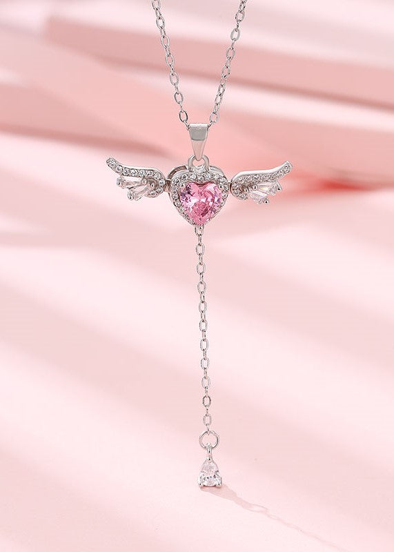 Siyajewelly Pink Heart Crystal Angel Wings Drop Necklace – Silver Tone Pendant Necklace for Women