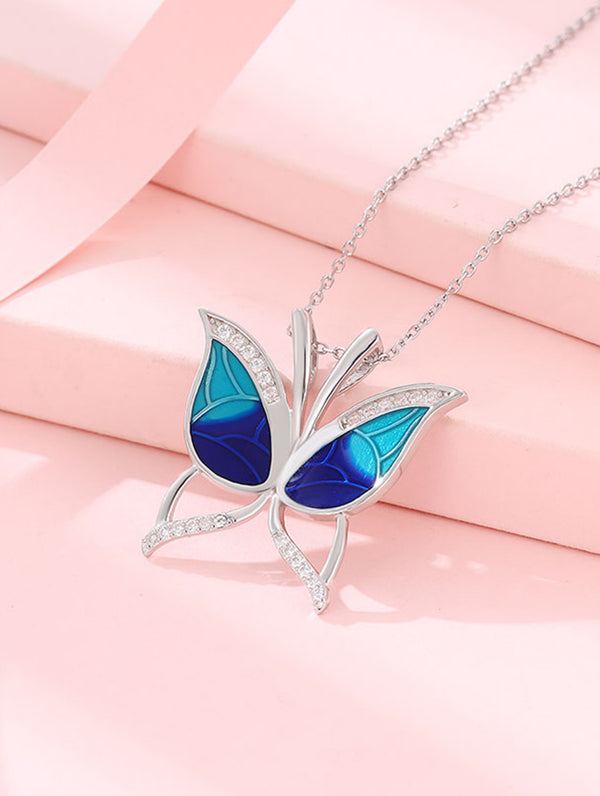 Siyajewelly Blue Butterfly Crystal Pendant Necklace – Silver Tone Elegant Necklace for Women