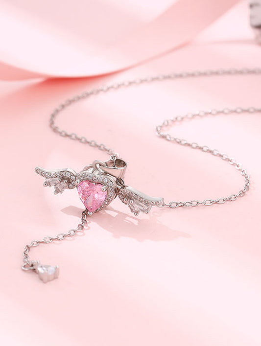 Siyajewelly Pink Heart Crystal Angel Wings Drop Necklace – Silver Tone Pendant Necklace for Women