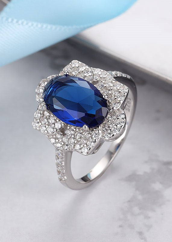 Siyajewelly Royal Blue Oval Crystal Halo Statement Ring – Silver Tone Sparkling Ring for Women