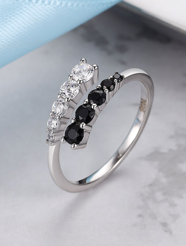 Siyajewelly Black & White Crystal Open Ring – Elegant Silver Tone Adjustable Statement Ring for Women