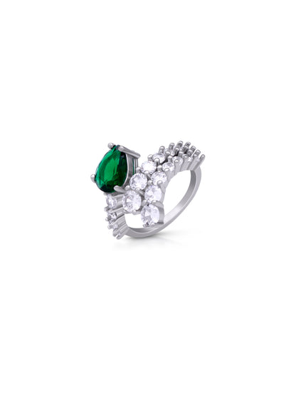 Siyajewelly Emerald Green Teardrop Crystal Statement Ring – Silver Tone Sparkling Ring for Women