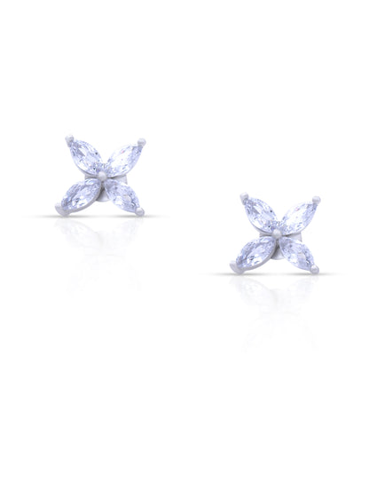 Siyajewelly Sparkling Four Petal Crystal Flower Stud Earrings – Silver Tone Elegant Earrings for Women
