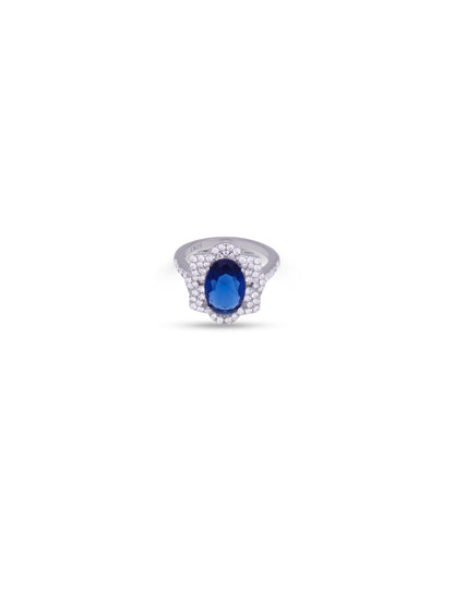 Siyajewelly Royal Blue Oval Crystal Halo Statement Ring – Silver Tone Sparkling Ring for Women