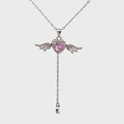 Siyajewelly Pink Heart Crystal Angel Wings Drop Necklace – Silver Tone Pendant Necklace for Women