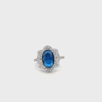 Siyajewelly Royal Blue Oval Crystal Halo Statement Ring – Silver Tone Sparkling Ring for Women