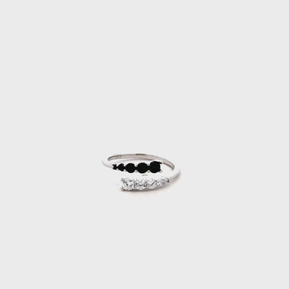 Siyajewelly Black & White Crystal Open Ring – Elegant Silver Tone Adjustable Statement Ring for Women