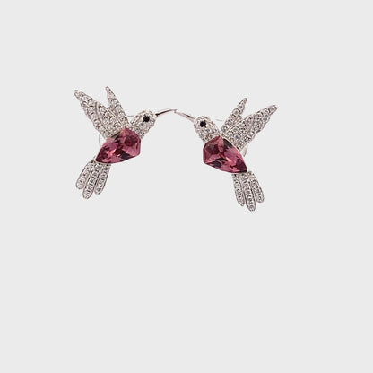 Siyajewelly Pink Crystal Hummingbird Stud Earrings – Silver Tone Sparkling Bird Earrings for Women