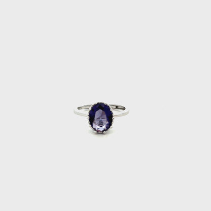 Siyajewelly Elegant Purple Oval Crystal Solitaire Ring – Silver Tone Statement Ring for Women